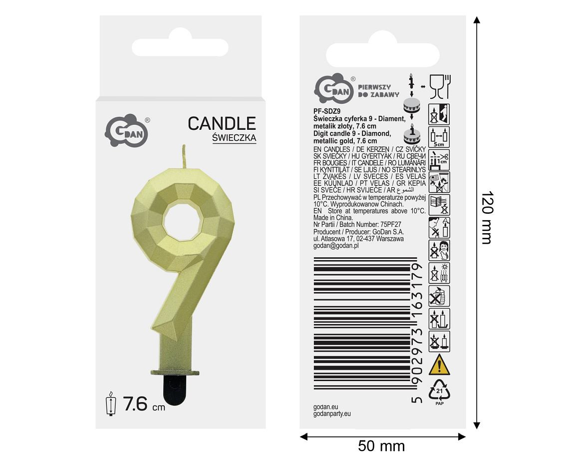 Digit candle 9 - Diamond , metallic gold, 7.6 cm